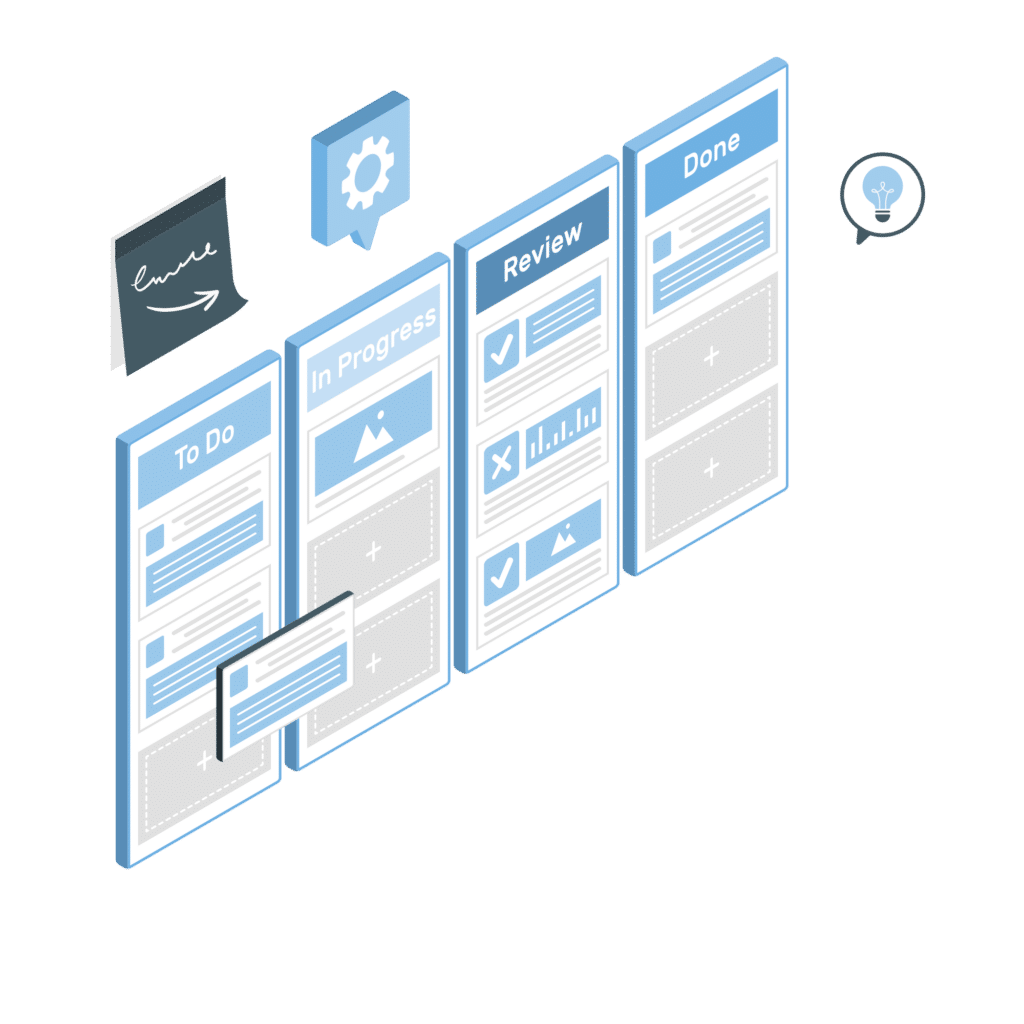 tableau kanban avec quatre colonnes : To do, In Progress, Review, Done